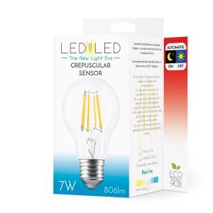 Lampadina LED E27 con sensore crepuscolare nella confezione, 7W, 806lm.
