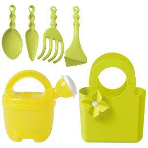 Annaffiatoio giallo e attrezzi da giardino verdi in set con borsa per bambini.