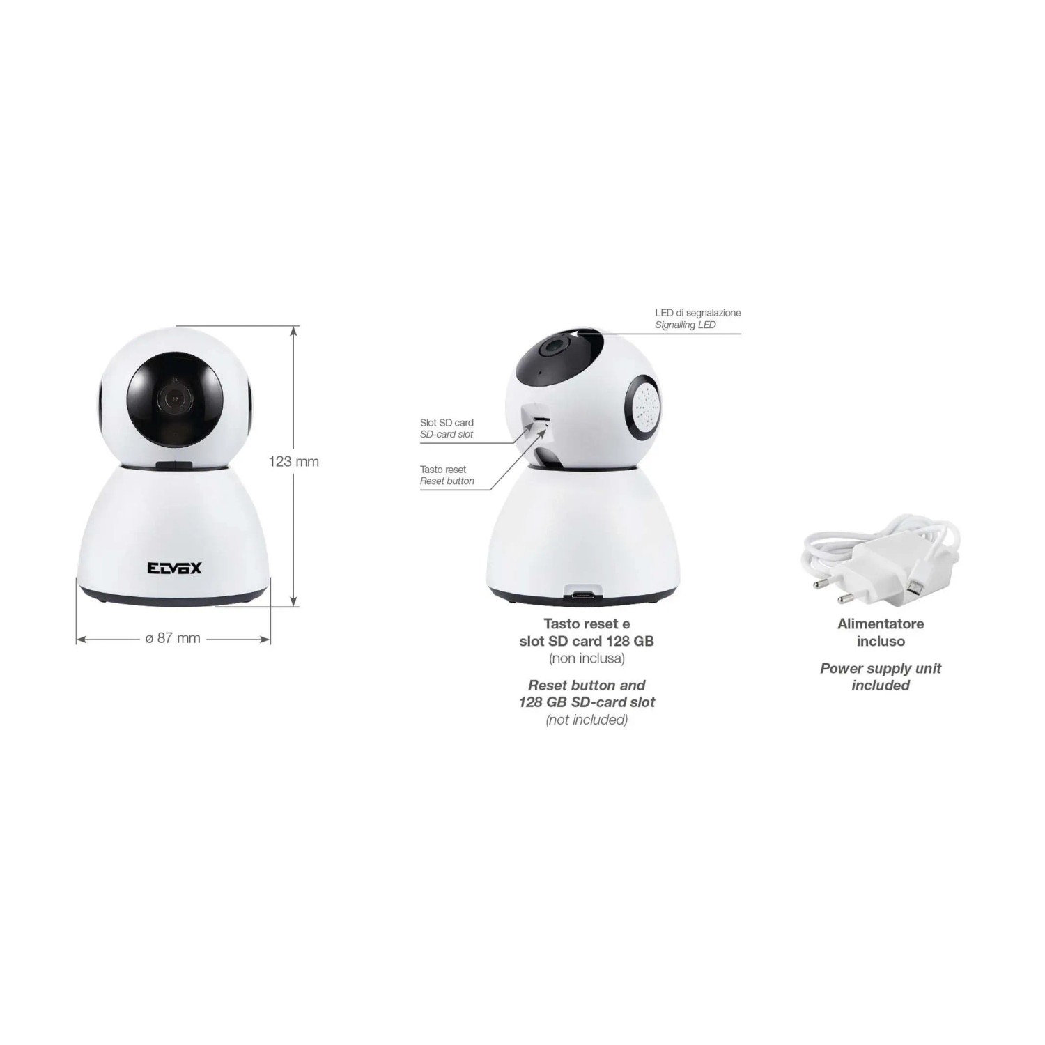 Telecamera di videosorveglianza t.b.t. bianca con alimentatore e slot per scheda SD. Videosorveglianza interna.