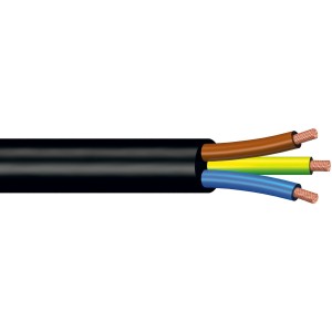 Cavo t.b.t. nero con tre conduttori colorati (blu, giallo, marrone) per installazioni elettriche.