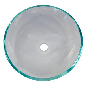 Lavabo d'appoggio t.b.t. in vetro, forma rotonda, aspetto trasparente con bordo blu.