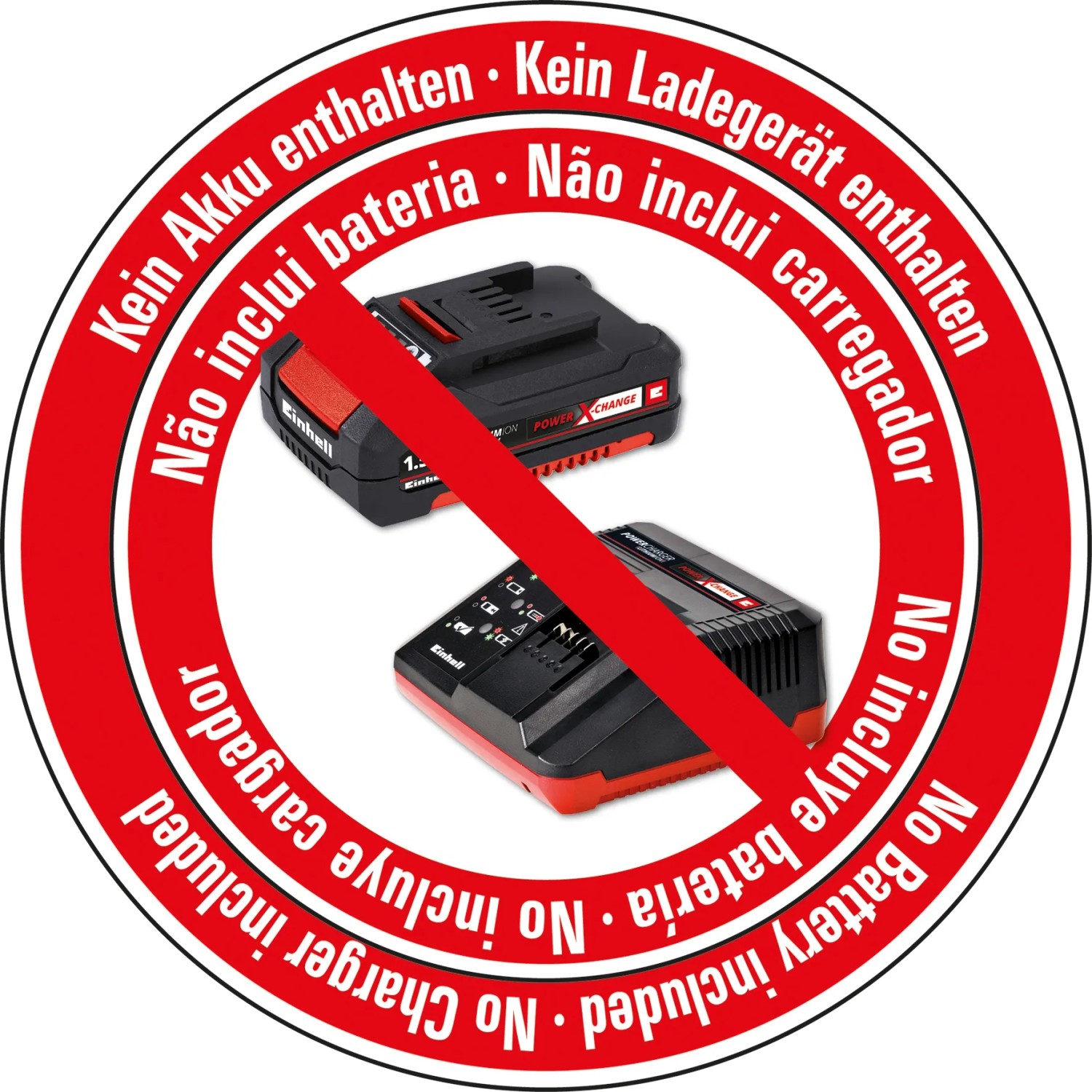 Simbolo: Nessuna batteria o caricabatterie inclusi con il miscelatore per malta e vernice Einhell Power X-Change.