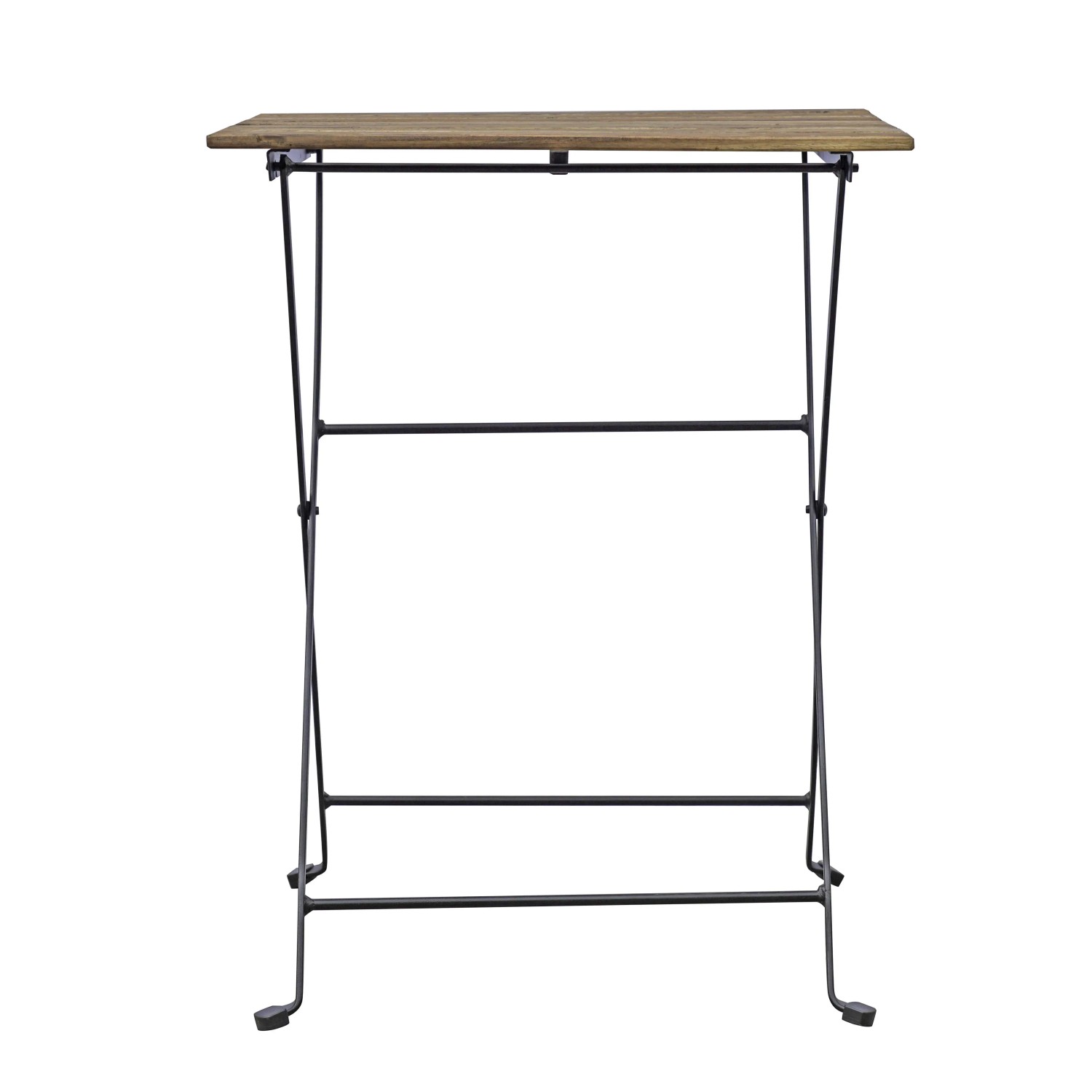 Tavolino pieghevole da balcone t.b.t. con piano in legno e struttura in metallo nero.