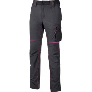 Pantaloni da lavoro t.b.t. grigi con dettagli rosa e tasca laterale.
