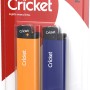 Accendino Cricket New Look, confezione da 2 con accendini arancioni e blu in blister.