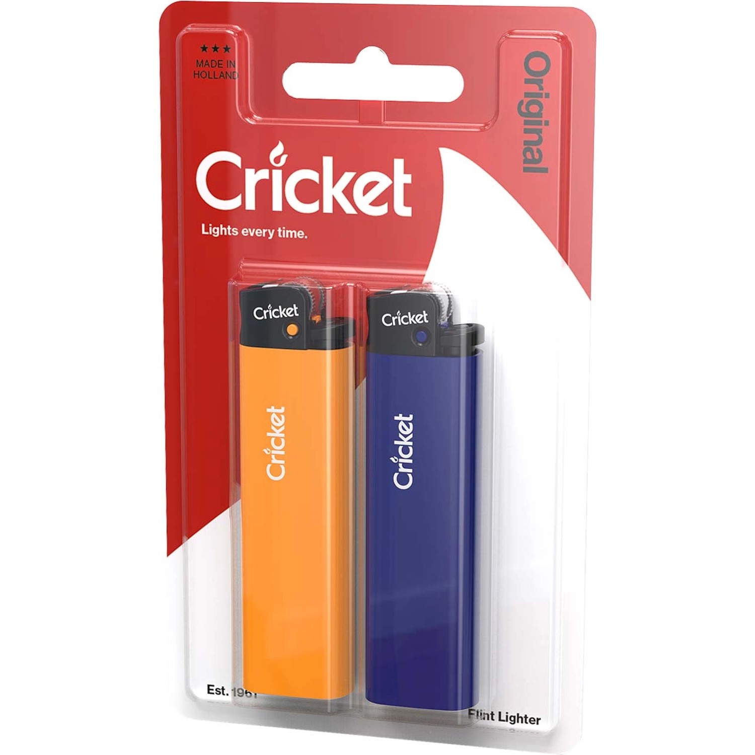 Accendino Cricket New Look, confezione da 2 con accendini arancioni e blu in blister.