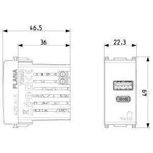 Disegno tecnico di una presa USB t.b.t. per sistemi di interruttori.