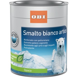Barattolo di smalto bianco artico OBI, extra opaco, 2 litri. Vernice bianca con orso polare.