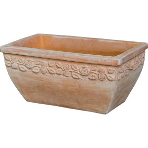 Fioriera rettangolare in terracotta con motivo a rose.