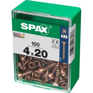Viti per legno SPAX 4x20, 100 pezzi in contenitore di plastica verde.