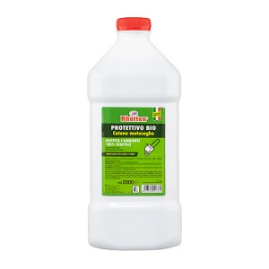 Rhütten Bio olio per catene motoseghe, flacone da 2 litri con tappo rosso.