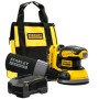 Set levigatrice rotorbitale a batteria Stanley Fatmax con borsa, batteria e caricabatterie.