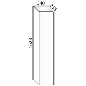 Schizzo di un elemento di arredo bagno stretto e alto con dimensioni (altezza 1623 mm, larghezza 340 mm, profondità 258 mm).