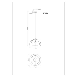 Disegno tecnico della lampada a sospensione t.b.t. con dimensioni.