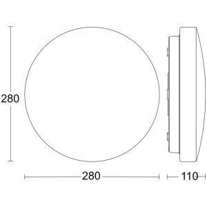 Disegno tecnico della lampada da interni bianca Steinel RS 20 S, una plafoniera rotonda con sensore di movimento.