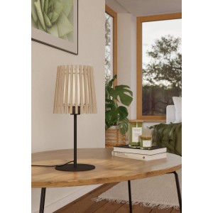 Lampada da tavolo Eglo Fattoria in nero, marrone e bianco. Lampada da tavolo di design con paralume in legno e tessuto.