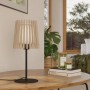 Lampada da tavolo Eglo Fattoria in nero, marrone e bianco. Lampada da tavolo di design con paralume in legno e tessuto.