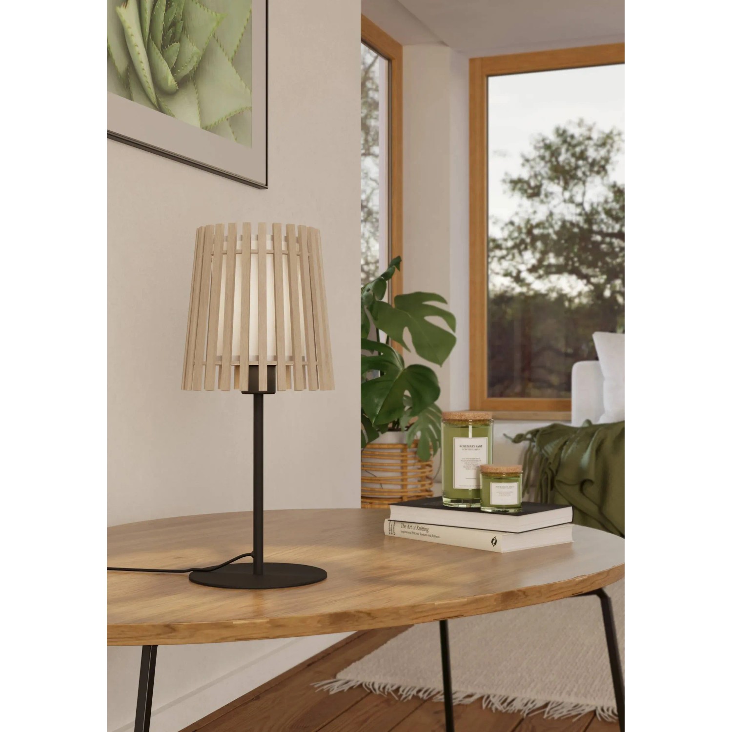 Lampada da tavolo Eglo Fattoria in nero, marrone e bianco. Lampada da tavolo di design con paralume in legno e tessuto.
