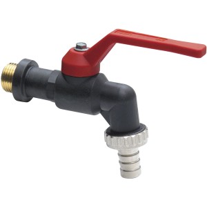 Rubinetto a sfera nero con maniglia rossa e raccordo filettato.