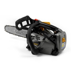 Motosega Alpina grigia con manico nero e dettagli gialli.