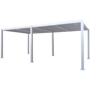 Gazebo t.b.t. bianco con tetto a lamelle per il giardino.