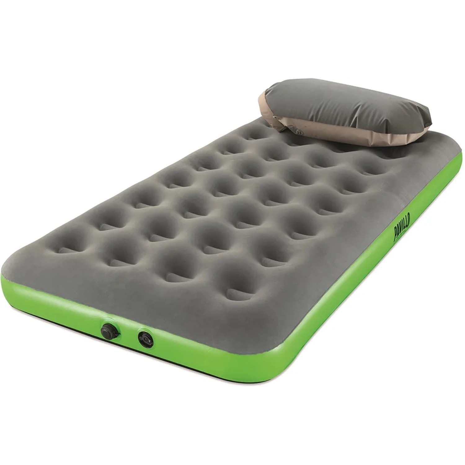 Materasso gonfiabile Pavillo con cuscino e pompa, grigio con bordo verde, ideale per campeggio e outdoor.
