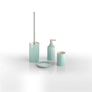 Set bagno turchese: dispenser sapone, portaspazzolino, scopino WC e portasapone.