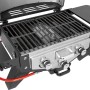Barbecue a gas con griglia, ripiani laterali e comandi.