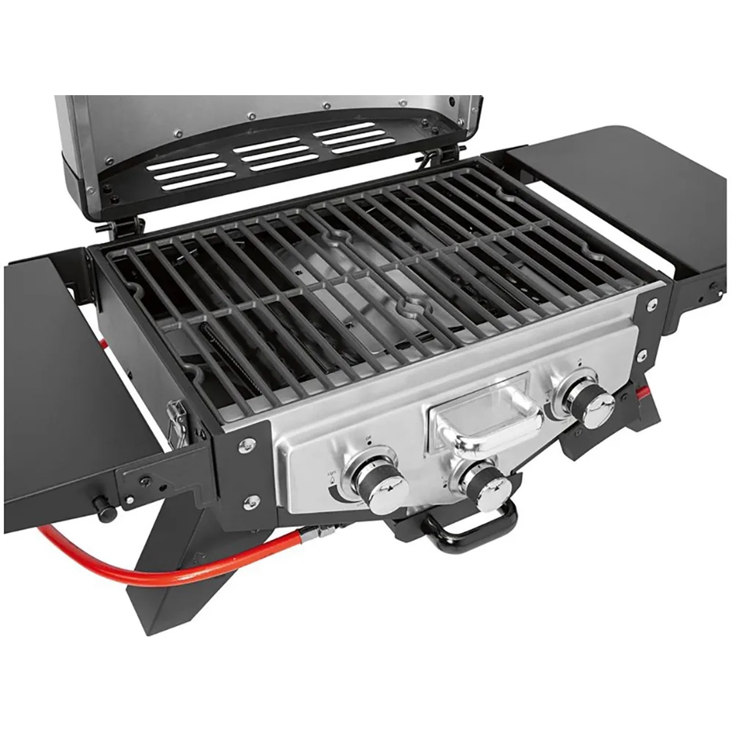 Barbecue a gas con griglia, ripiani laterali e comandi.