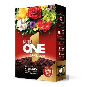 Confezione di concime universale granulare Nutri One per piante e fiori sani.