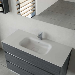 Mobile lavabo moderno con mobile grigio e lavabo da appoggio bianco.