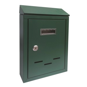 Cassetta postale verde con serratura e finestra per la posta.
