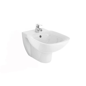 Bidet bianco sospeso con rubinetto. Design moderno per il bagno.