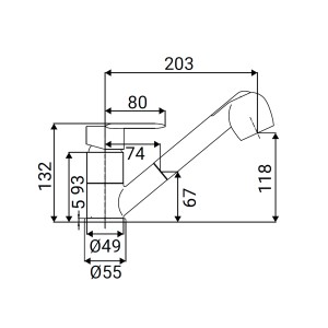 Disegno tecnico del miscelatore monocomando t.b.t. con dimensioni.