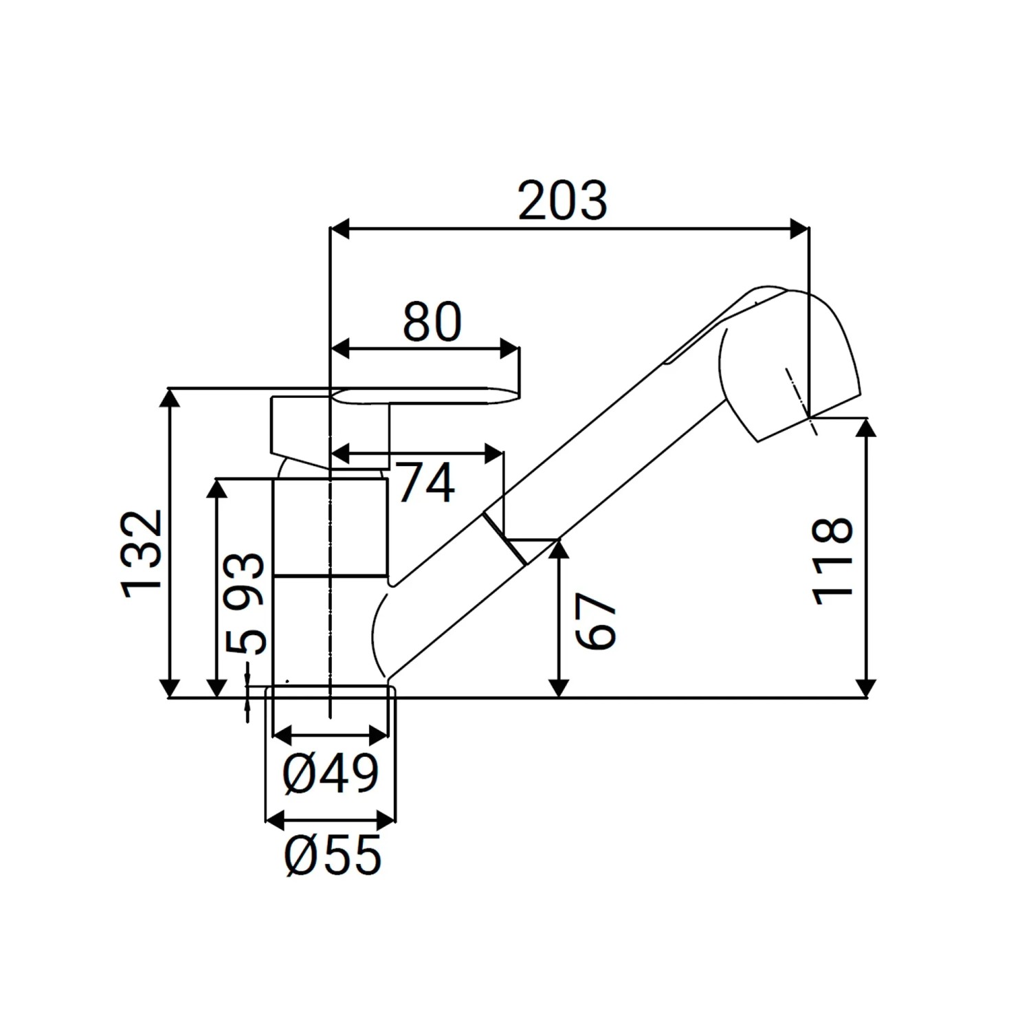 Disegno tecnico del miscelatore monocomando t.b.t. con dimensioni.