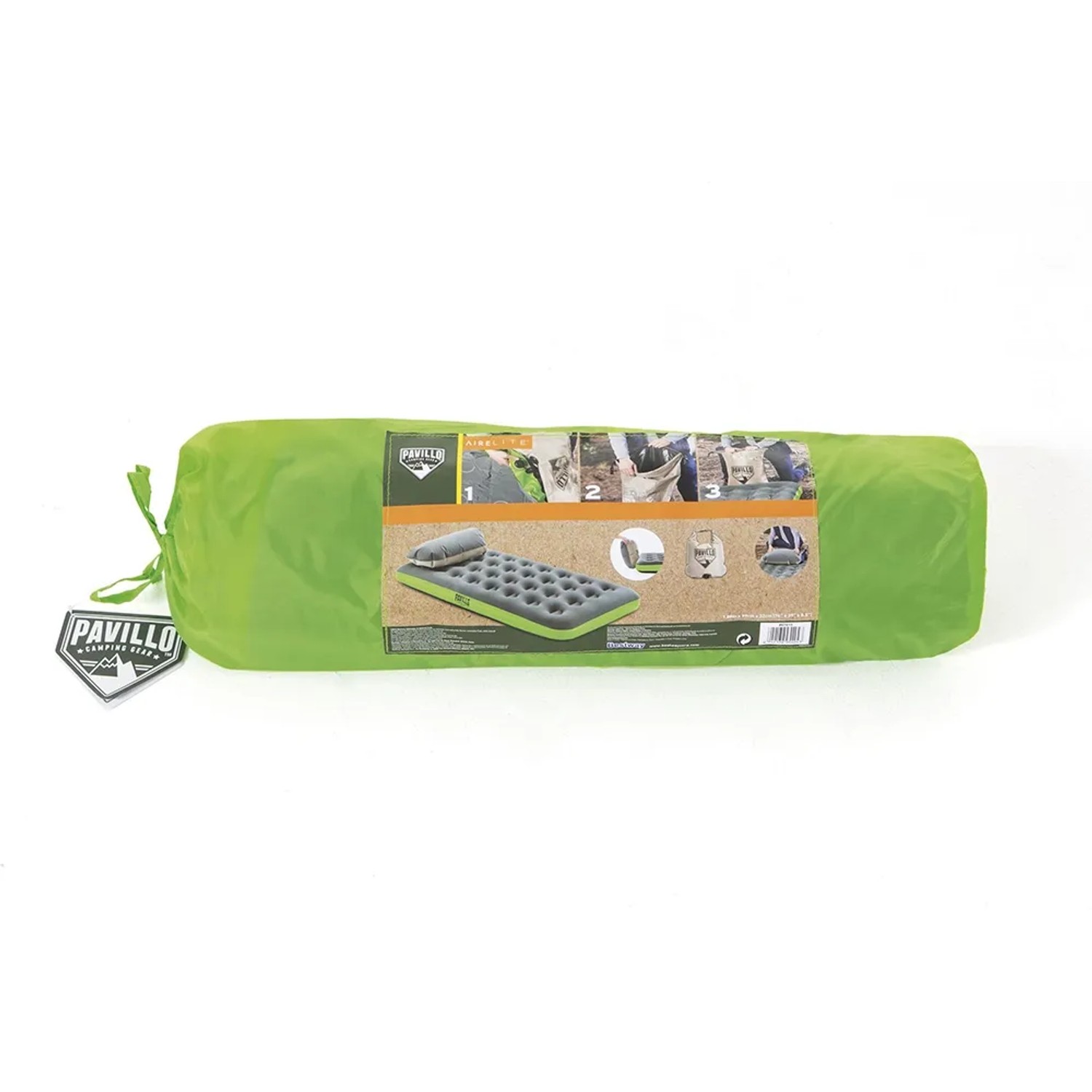 Materasso ad aria Pavillo imballato con pompa a cuscino Roll & Relax, ideale per campeggio e outdoor.