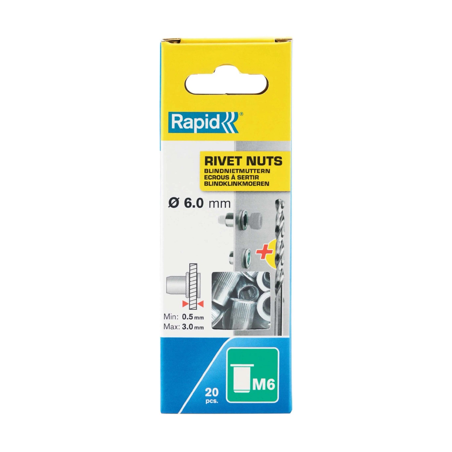 Rapid Dadi a rivetto M6, 20 pezzi, incl. punta da trapano. Assortimento di dadi a rivetto per pinze.