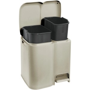 Sistema di raccolta differenziata t.b.t.: Contenitore beige con due scomparti e pedale.