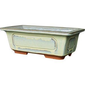 Vaso rettangolare in terracotta, smaltato verde chiaro, per bonsai e altre piante.