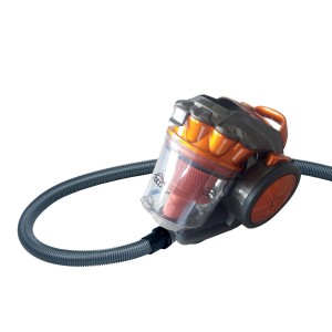 Aspirapolvere arancione con contenitore trasparente e tubo grigio.