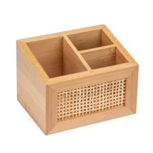 Porta utensili da bagno t.b.t. in bambù con tre scomparti e inserto in rattan.