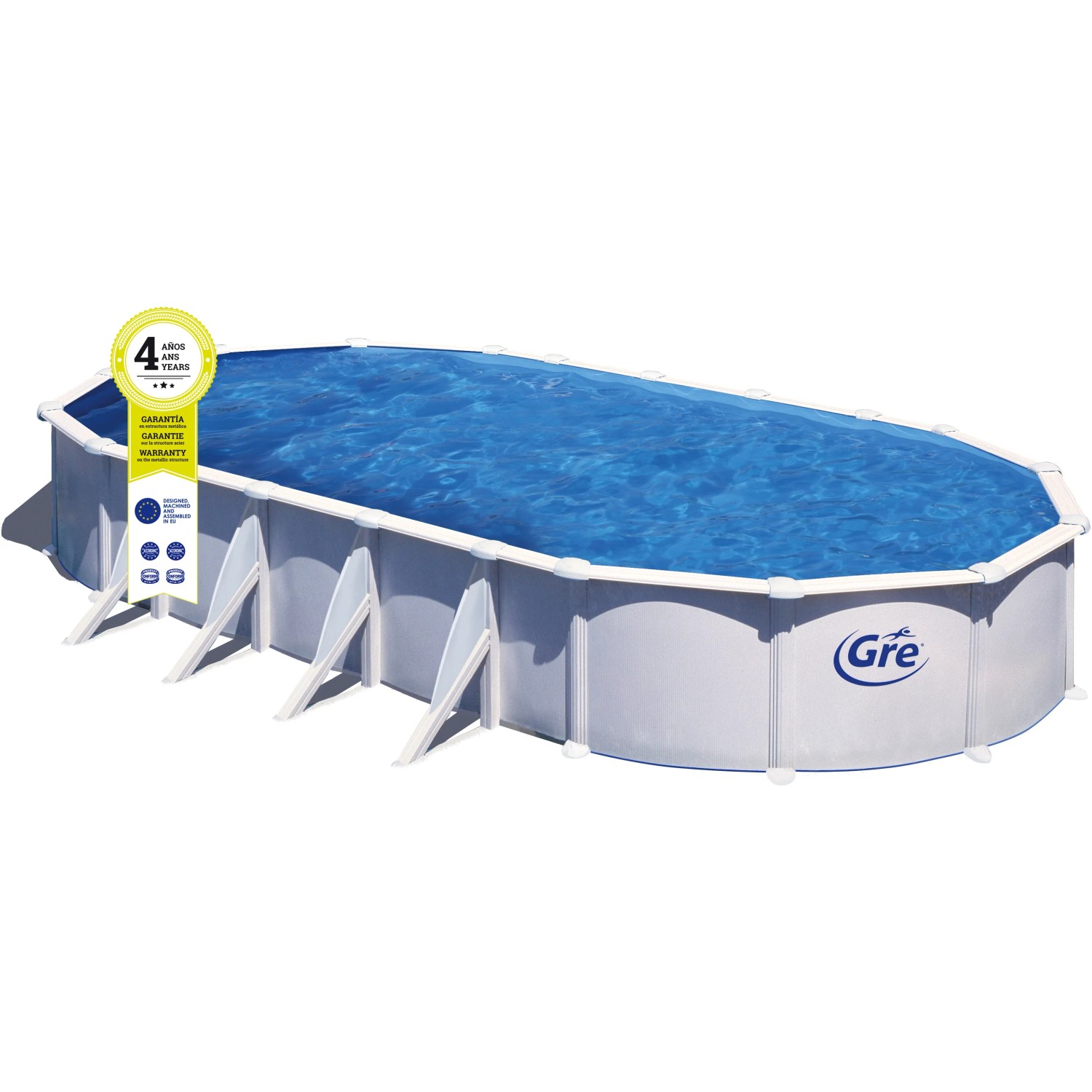 Piscina Gre Atlantis con pareti in acciaio, ovale, bianca, 915x470x132 cm, riempita con acqua blu.