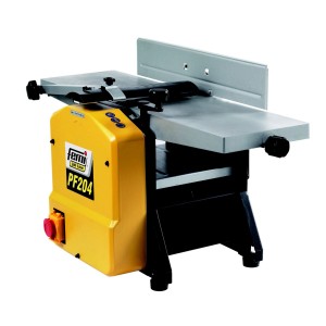 Pialla t.b.t. per la lavorazione del legno. Corpo giallo, banco pialla grigio con guida.