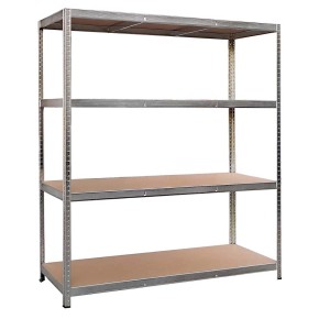 Scaffale metallico a quattro ripiani per magazzino e cantina.