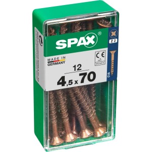 Viti per legno SPAX 4,5x70 mm in contenitore di plastica verde.