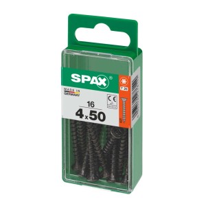 Viti universali Spax, 4x50 mm, zincate, nere, 16 pezzi in contenitore di plastica verde.