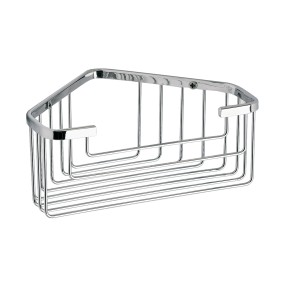 Mensola angolare in metallo cromato per accessori bagno e contenitori a parete.