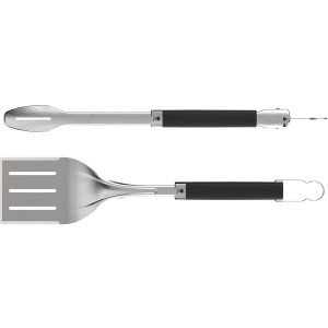 Set Weber Premium per barbecue: pinza e spatola in acciaio inox con manico nero.