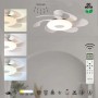 Ventilatore da soffitto bianco con illuminazione LED e telecomando.