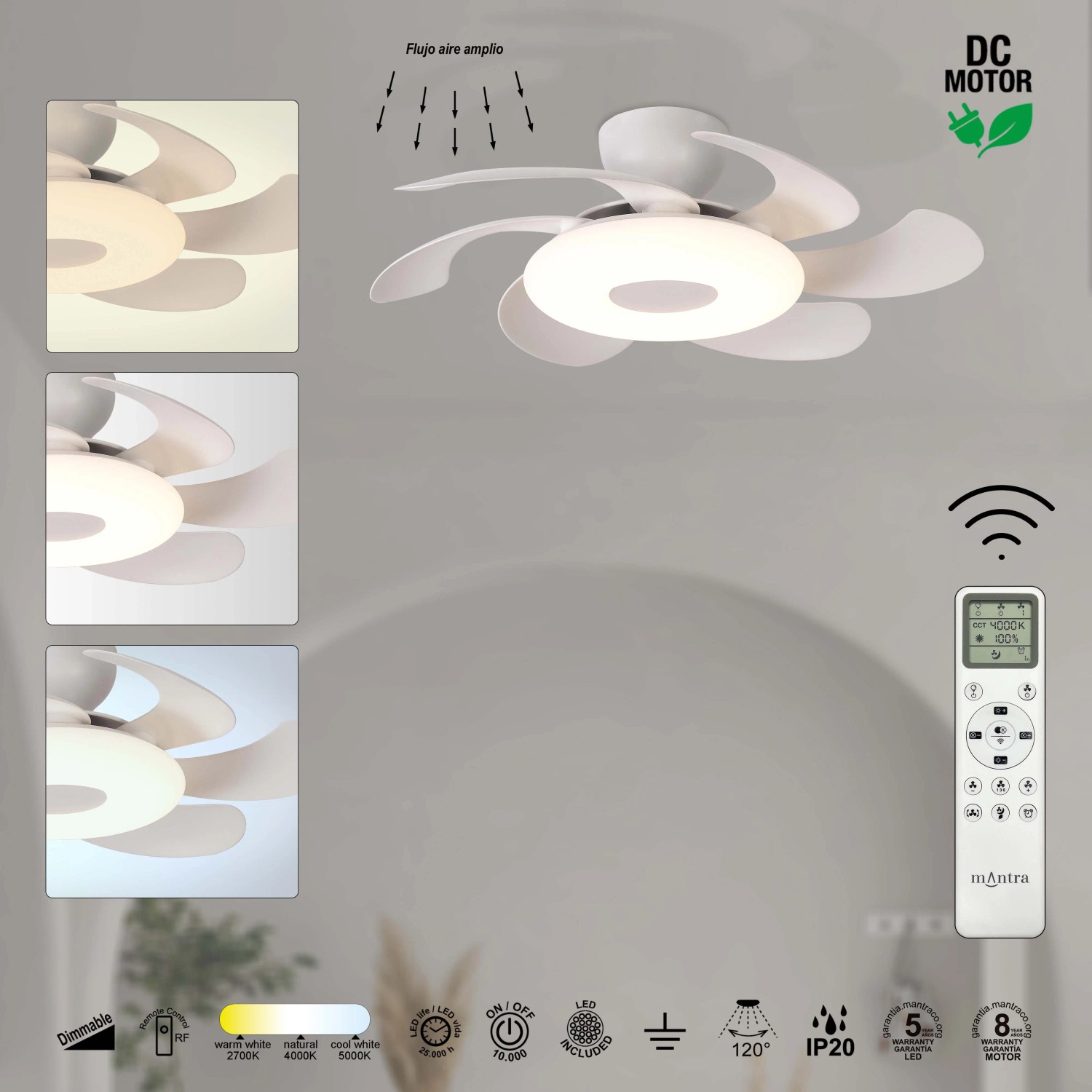 Ventilatore da soffitto bianco con illuminazione LED e telecomando.
